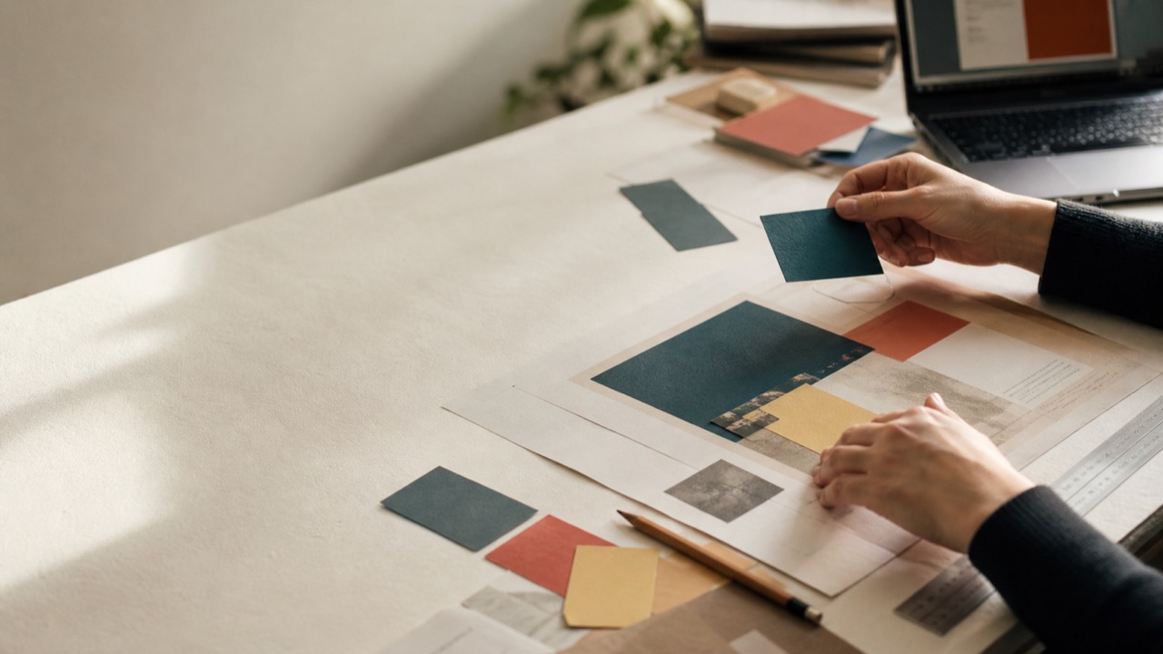 Carnet de création ouvert avec signes, grilles et échantillons colorés assemblés à la main